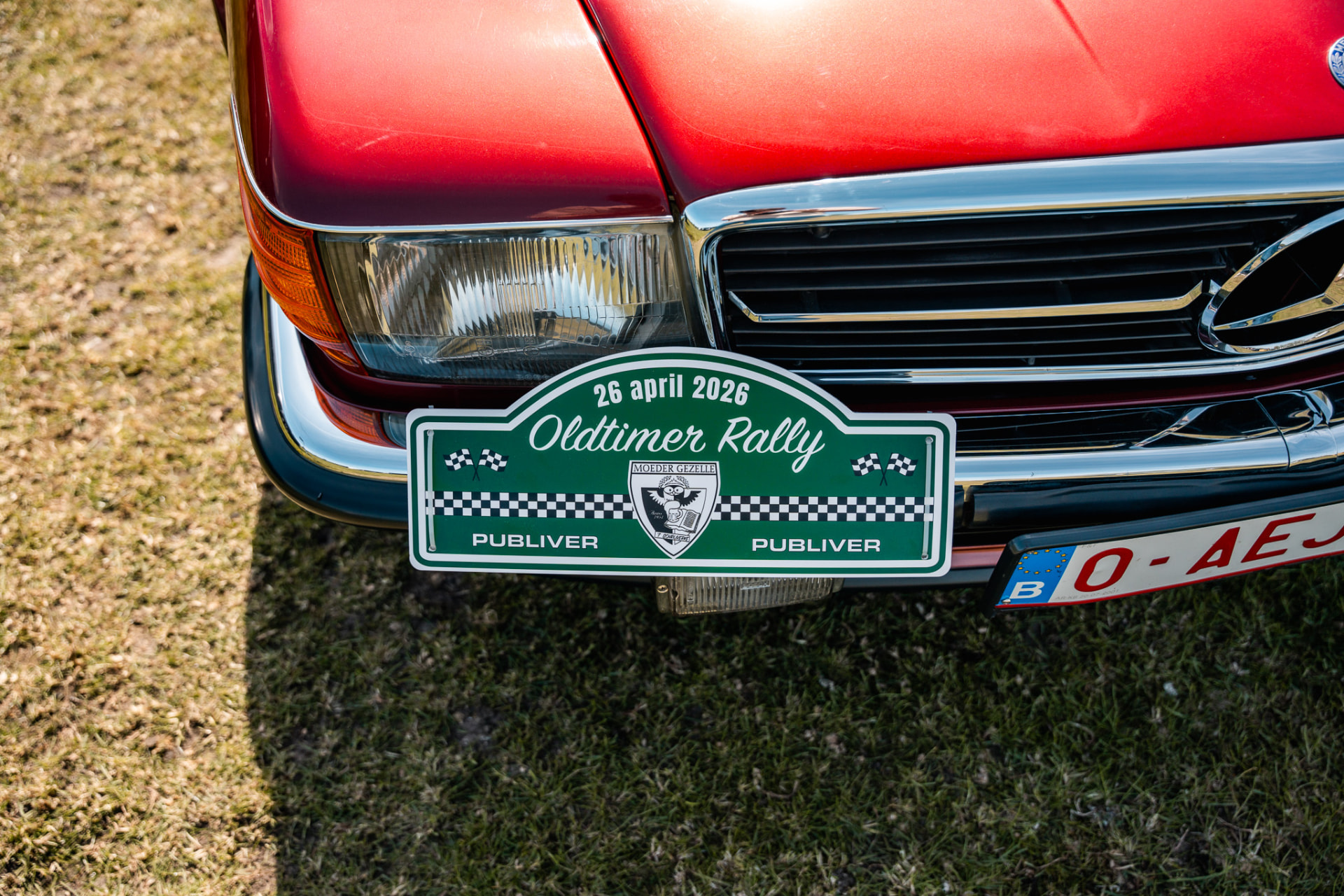 Rode klassieke Ferrari tussen oldtimers op het gras tijdens de Oldtimerrit