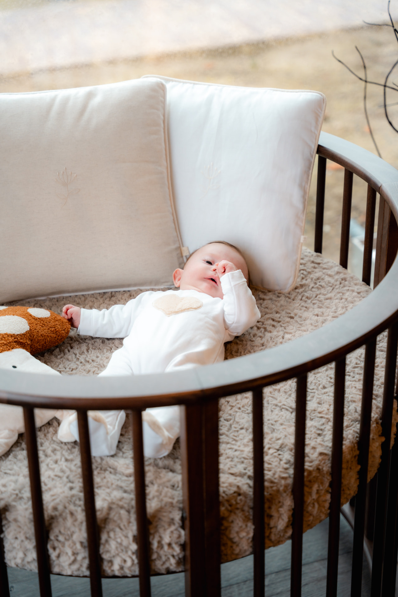 Baby in een rond donkerbruin babybed bij het raam