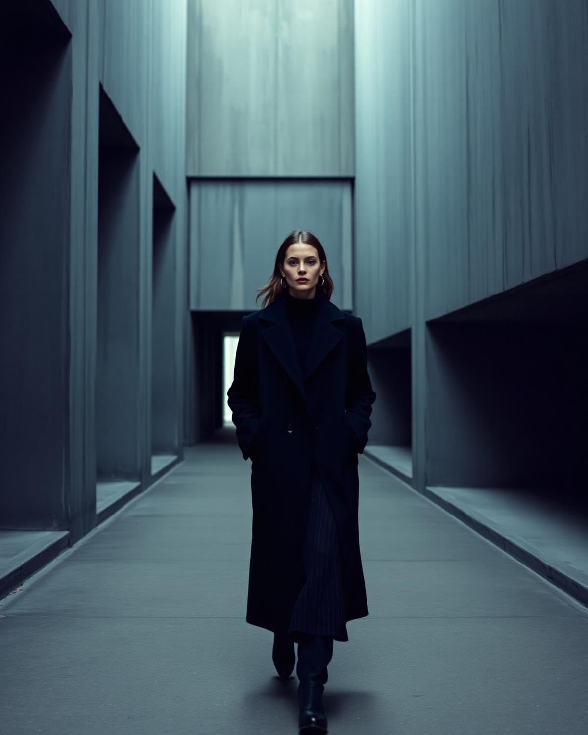 Model in zwarte jas in een brutalistische betonnen gang