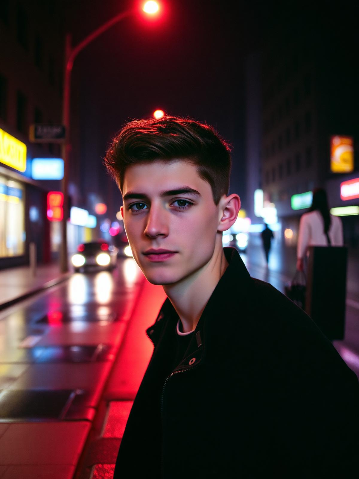 Straatportret bij nacht met neonreflecties op nat asfalt