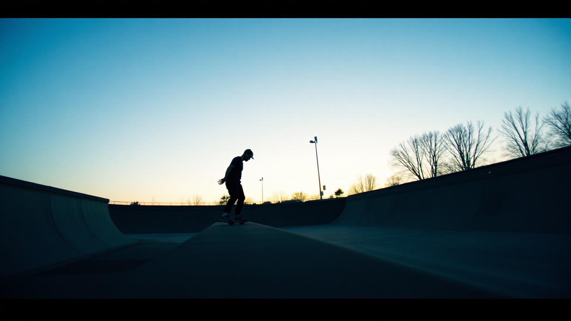 Filmstill van een skater in silhouet in een leeg skatepark