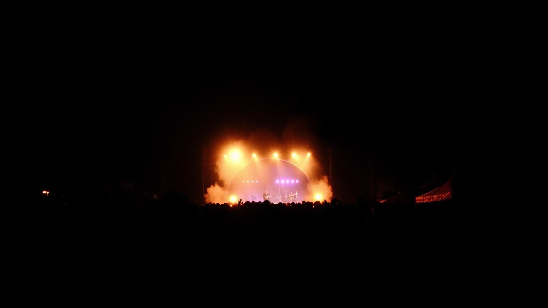 Publiek in silhouet voor een verlicht festivalpodium bij nacht